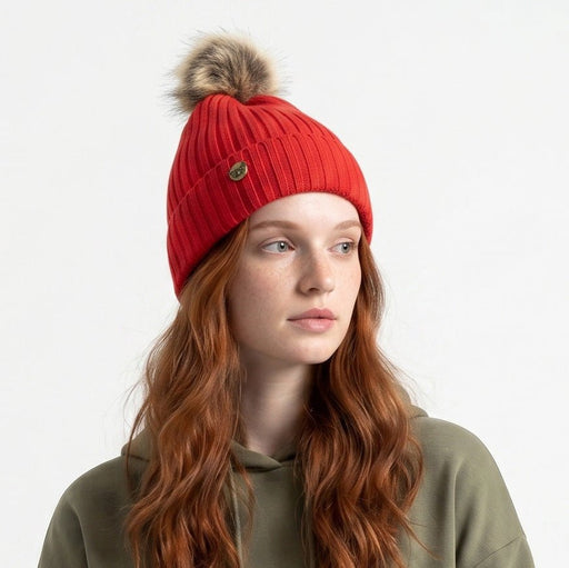 Woman's Knit Hat with Pom Pom and Fleece Lining - Ferrari Red and Brown - Heritage Of Scotland - 