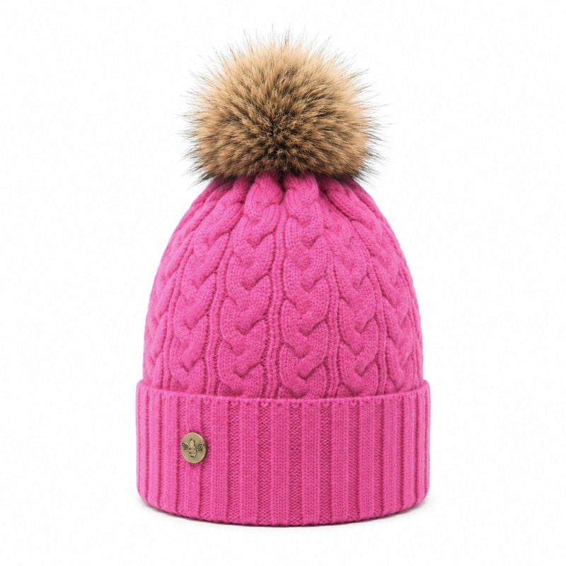 Woman's Knit Hat with Pom Pom and Fleece Lining - Fuchsia and Brown - Heritage Of Scotland - 
