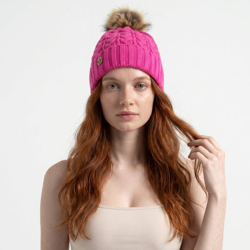 Woman's Knit Hat with Pom Pom and Fleece Lining - Fuchsia and Brown - Heritage Of Scotland - 