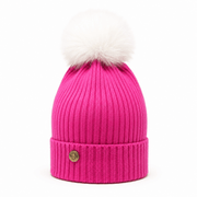 Woman's Knit Hat with Pom Pom and Fleece Lining - Fuchsia and White - Heritage Of Scotland - 
