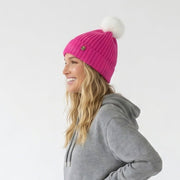 Woman's Knit Hat with Pom Pom and Fleece Lining - Fuchsia and White - Heritage Of Scotland - 