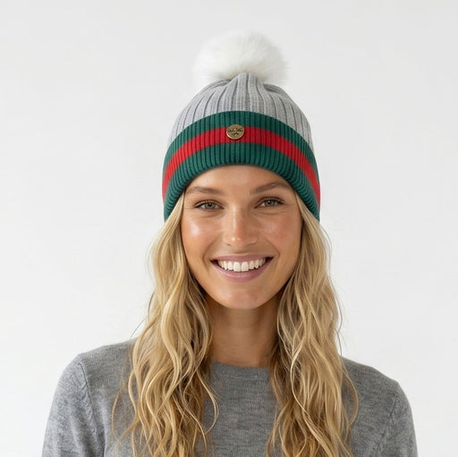 Woman's Knit Hat with Pom Pom and Fleece Lining - G Silver/White - Heritage Of Scotland -