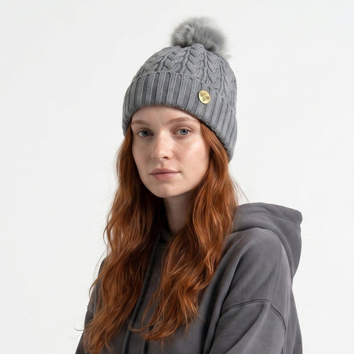 Woman's Knit Hat with Pom Pom and Fleece Lining - Grey - Heritage Of Scotland - 
