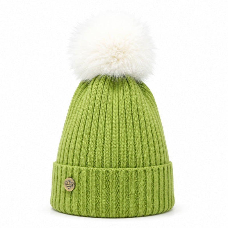 Woman's Knit Hat with Pom Pom and Fleece Lining - Matcha and White - Heritage Of Scotland - 