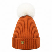 Woman's Knit Hat with Pom Pom and Fleece Lining - Mocha and White - Heritage Of Scotland - 