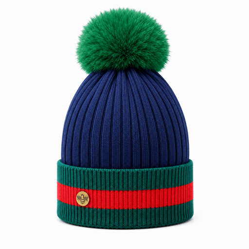 Woman's Knit Hat with Pom Pom and Fleece Lining - Navy and Green - Heritage Of Scotland - 