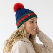 Woman's Knit Hat with Pom Pom and Fleece Lining - Navy and Red - Heritage Of Scotland - 