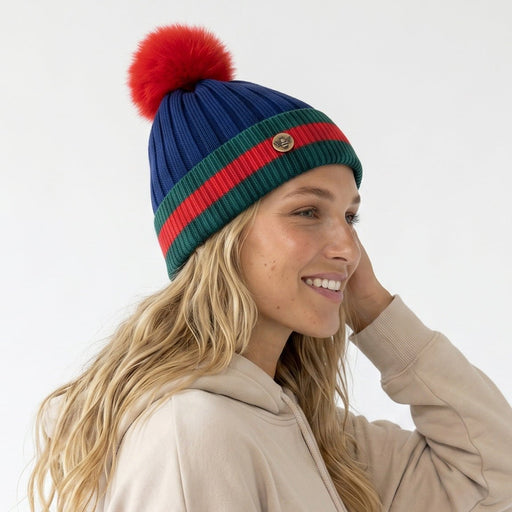 Woman's Knit Hat with Pom Pom and Fleece Lining - Navy and Red - Heritage Of Scotland - 
