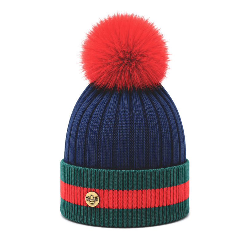 Woman's Knit Hat with Pom Pom and Fleece Lining - Navy and Red - Heritage Of Scotland - 