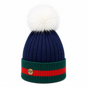 Woman's Knit Hat with Pom Pom and Fleece Lining - Navy and White - Heritage Of Scotland - 