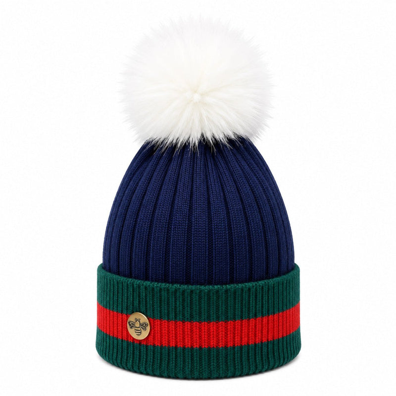 Woman's Knit Hat with Pom Pom and Fleece Lining - Navy and White - Heritage Of Scotland - 