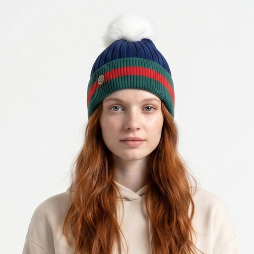 Woman's Knit Hat with Pom Pom and Fleece Lining - Navy and White - Heritage Of Scotland - 