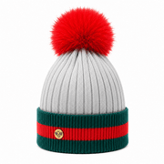 Woman's Knit Hat with Pom Pom and Fleece Lining - Silver and Red - Heritage Of Scotland - 