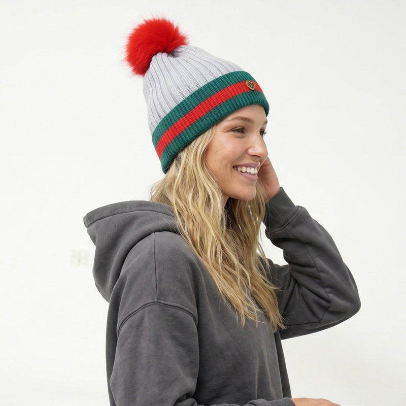 Woman's Knit Hat with Pom Pom and Fleece Lining - Silver and Red - Heritage Of Scotland - 