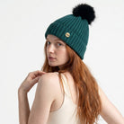Woman's Knit Hat with Pom Pom and Fleece Lining - Teal and Black - Heritage Of Scotland - 