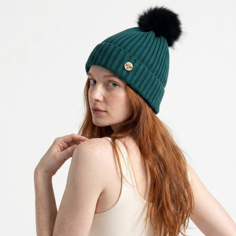 Woman's Knit Hat with Pom Pom and Fleece Lining - Teal and Black - Heritage Of Scotland - 