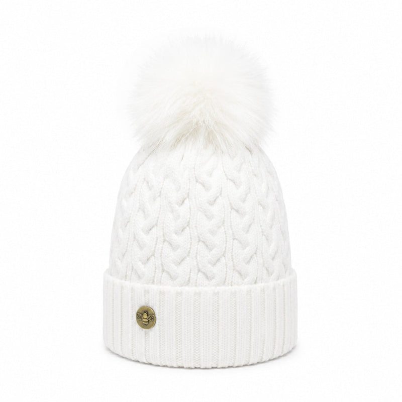 Woman's Knit Hat with Pom Pom and Fleece Lining - White - Heritage Of Scotland - 