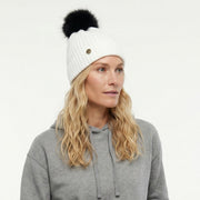 Woman's Knit Hat with Pom Pom and Fleece Lining - White and Black - Heritage Of Scotland - 