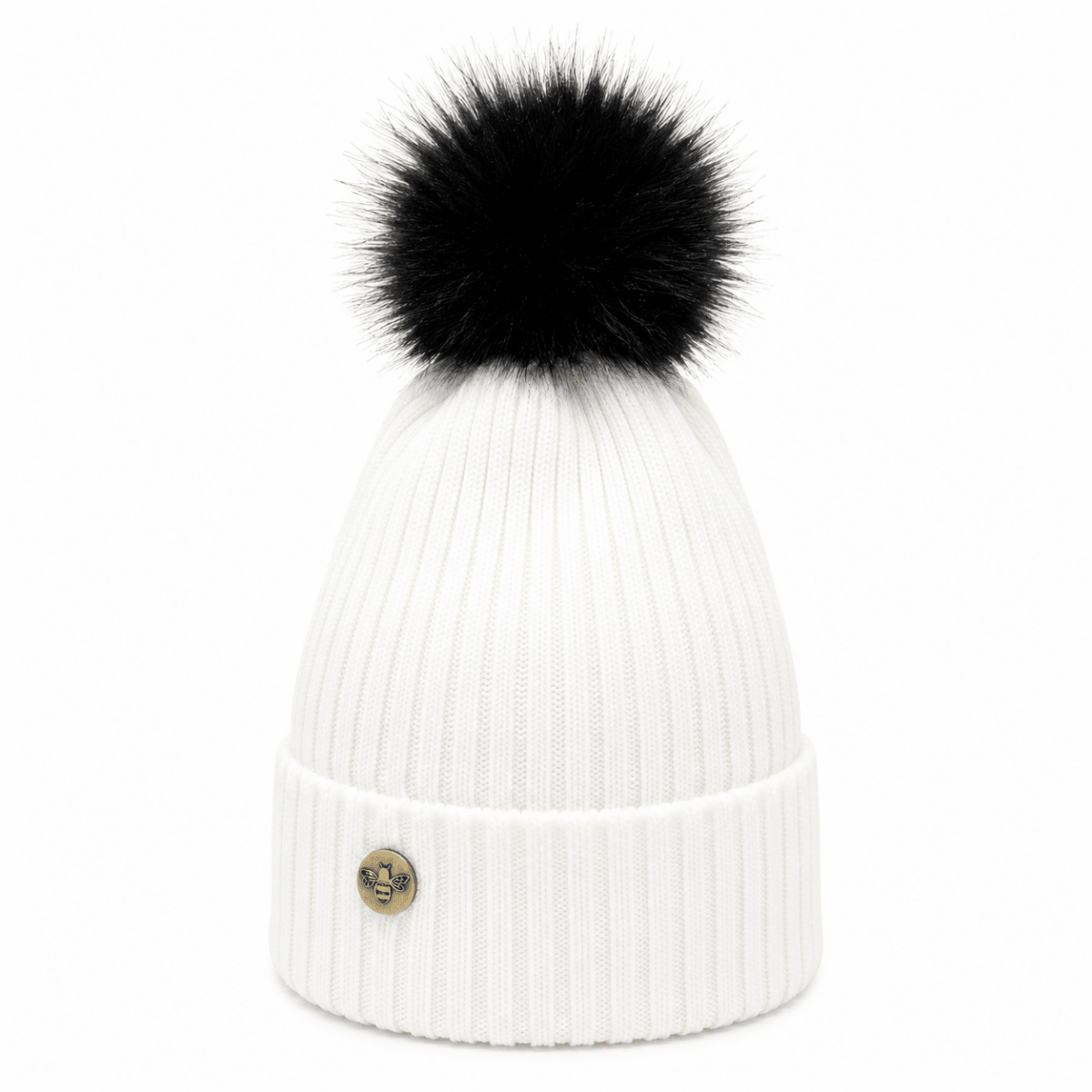 Woman's Knit Hat with Pom Pom and Fleece Lining - White and Black - Heritage Of Scotland - 