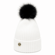 Woman's Knit Hat with Pom Pom and Fleece Lining - White and Black - Heritage Of Scotland - 