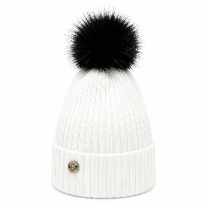 Woman's Knit Hat with Pom Pom and Fleece Lining - White and Black - Heritage Of Scotland - 