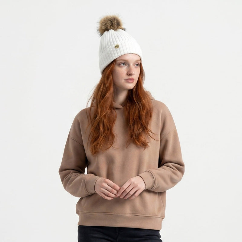 Woman's Knit Hat with Pom Pom and Fleece Lining - White and Brown - Heritage Of Scotland - 