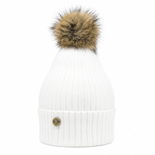 Woman's Knit Hat with Pom Pom and Fleece Lining - White and Brown - Heritage Of Scotland - 