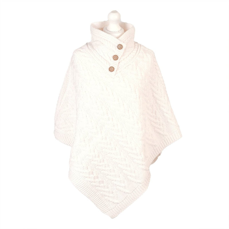 Women’s Knitted Hooded Poncho with Buttons – Cable Knit Cape - CREAM - Heritage Of Scotland -