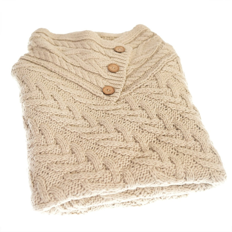 Women’s Knitted Hooded Poncho with Buttons – Cable Knit Cape - KHAKI - Heritage Of Scotland -