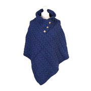 Women’s Knitted Hooded Poncho with Buttons – Cable Knit Cape - NAVY - Heritage Of Scotland -