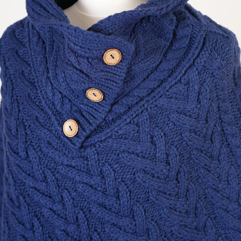Women’s Knitted Hooded Poncho with Buttons – Cable Knit Cape - NAVY - Heritage Of Scotland -