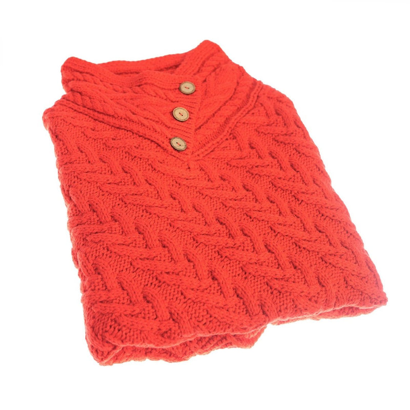 Women’s Knitted Hooded Poncho with Buttons – Cable Knit Cape - RED - Heritage Of Scotland -
