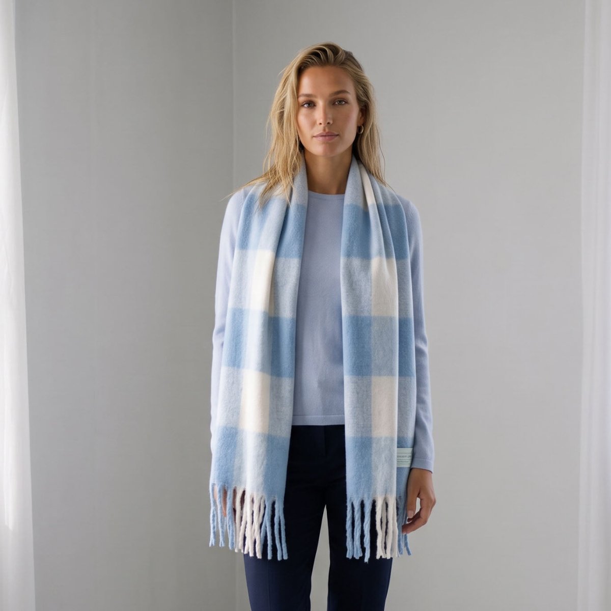Women’s Soft Check Scarf – Oversized Plaid Winter Wrap with Tassel Fringe - Dark Blue Check - Heritage Of Scotland -