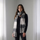 Women’s Soft Check Scarf – Oversized Plaid Winter Wrap with Tassel Fringe - Grey Check - Heritage Of Scotland -