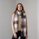 Women’s Soft Check Scarf – Oversized Plaid Winter Wrap with Tassel Fringe - Natural Check - Heritage Of Scotland -