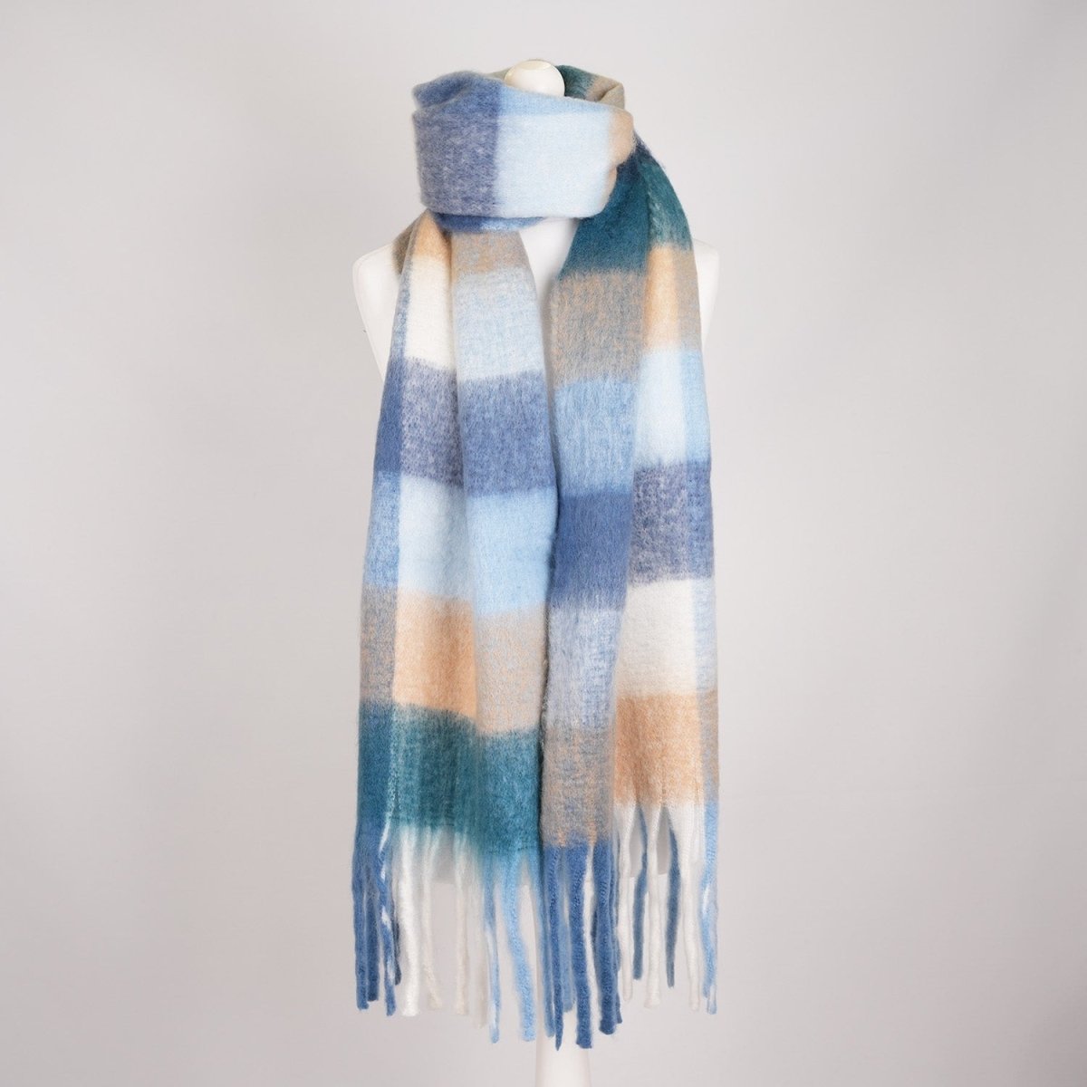 Women’s Soft Check Scarf – Oversized Plaid Winter Wrap with Tassel Fringe - New Dark Blue Check - Heritage Of Scotland -