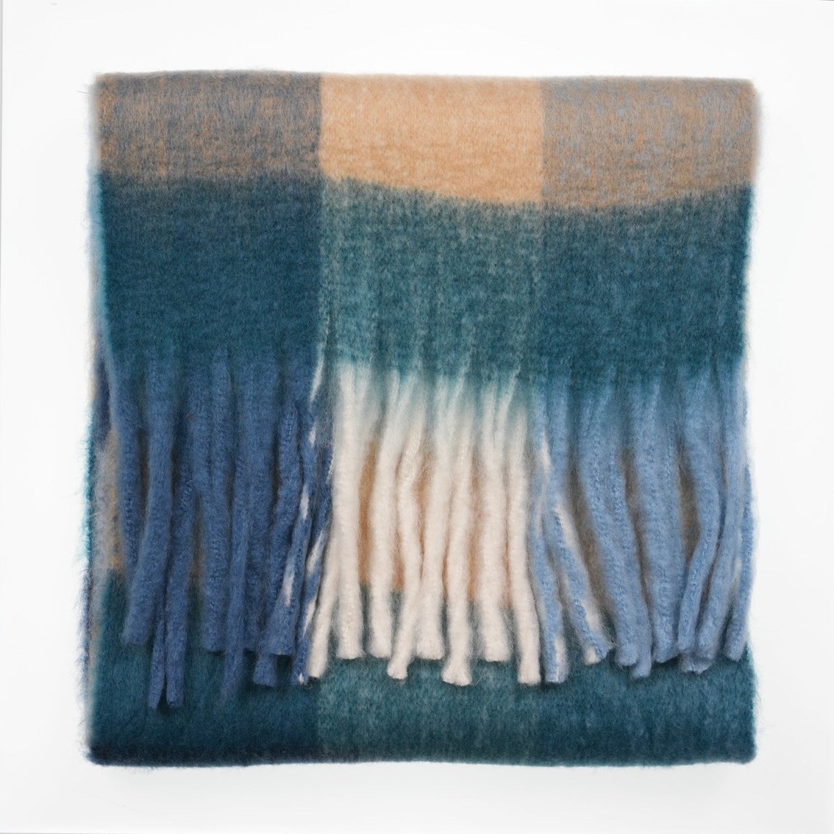 Women’s Soft Check Scarf – Oversized Plaid Winter Wrap with Tassel Fringe - New Dark Blue Check - Heritage Of Scotland -