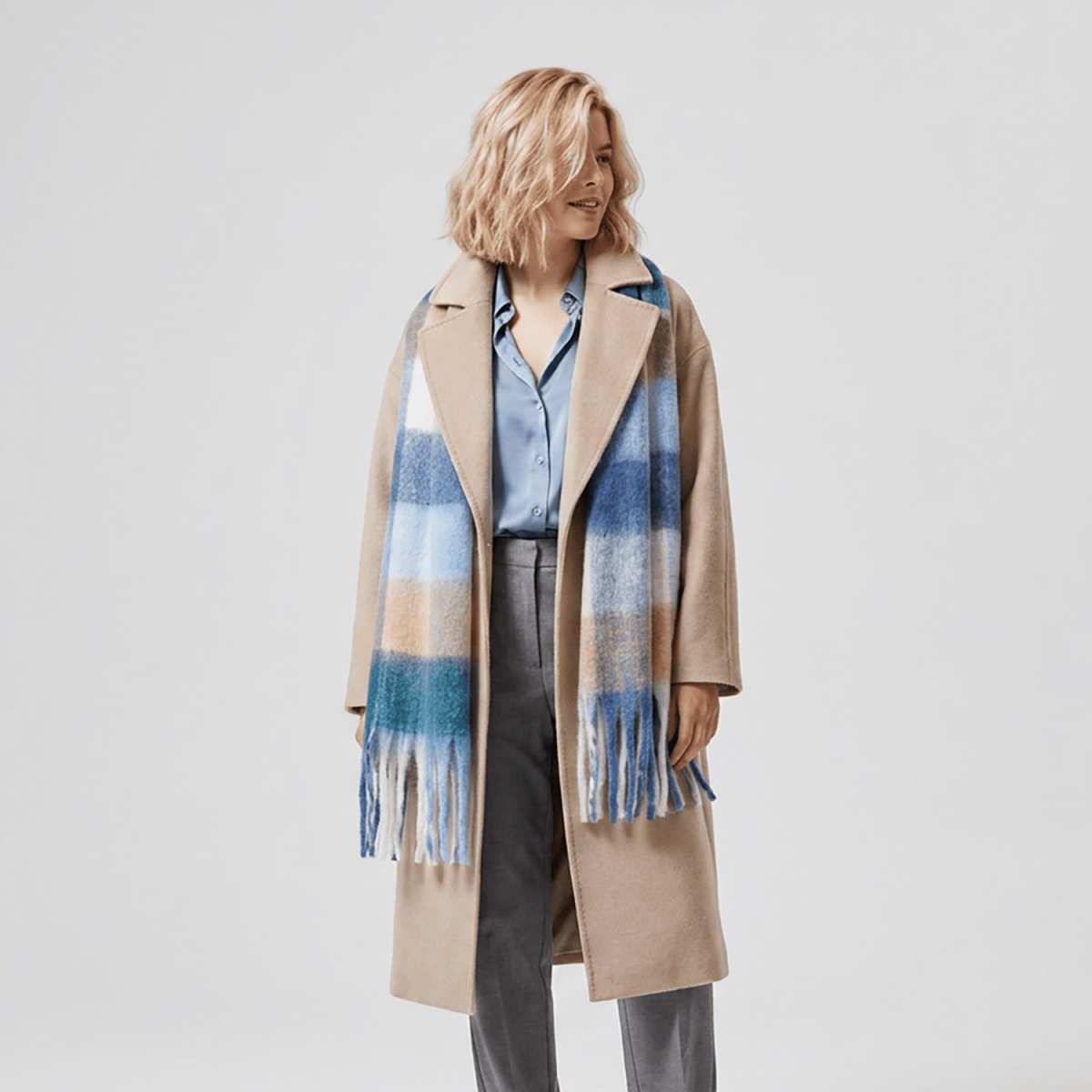 Women’s Soft Check Scarf – Oversized Plaid Winter Wrap with Tassel Fringe - New Dark Blue Check - Heritage Of Scotland -