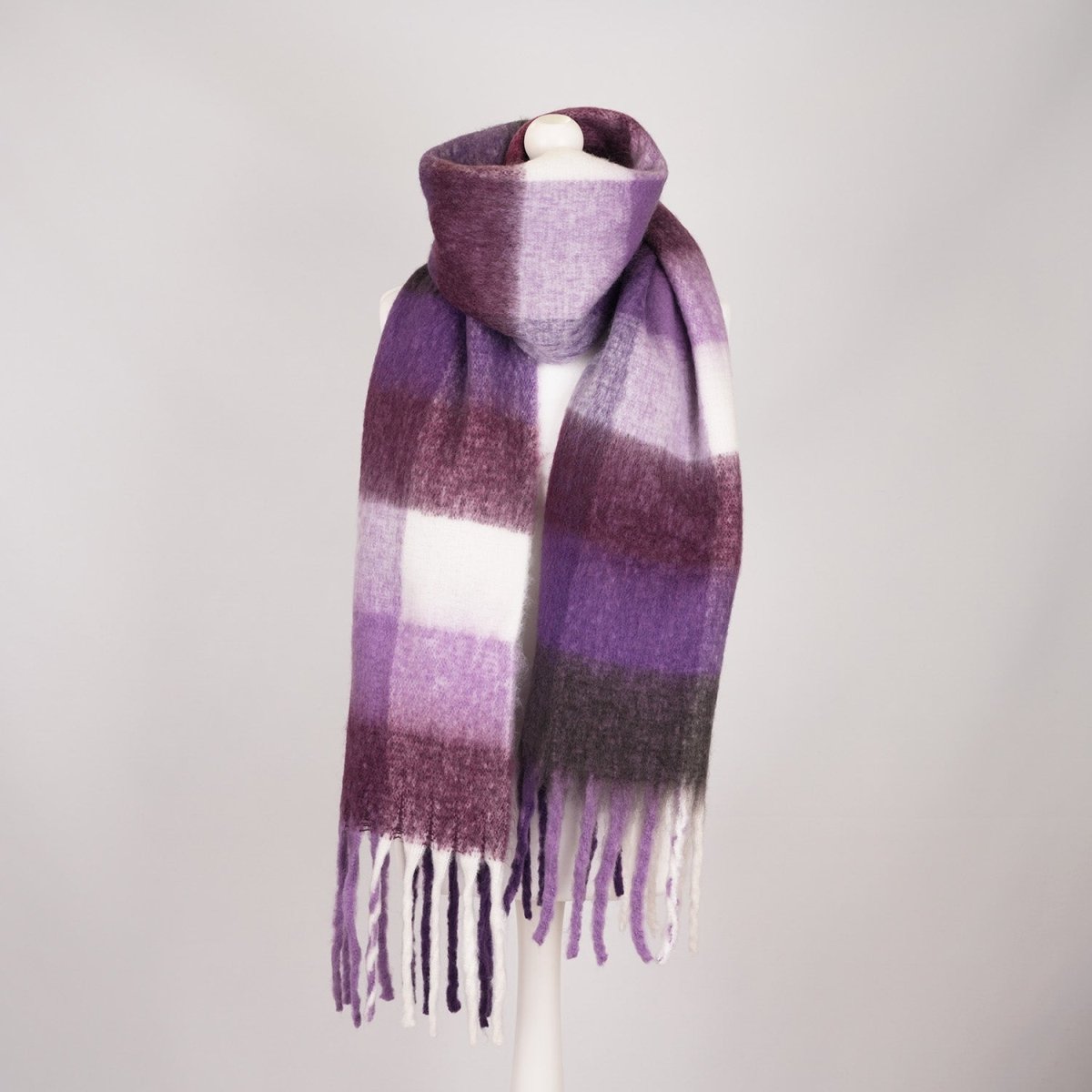 Women’s Soft Check Scarf – Oversized Plaid Winter Wrap with Tassel Fringe - Purple Check - Heritage Of Scotland -