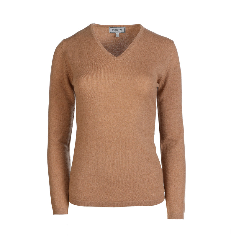 100% Cashmere Ladies V Neck Jumper Camel - Heritage Of Scotland - CAMEL