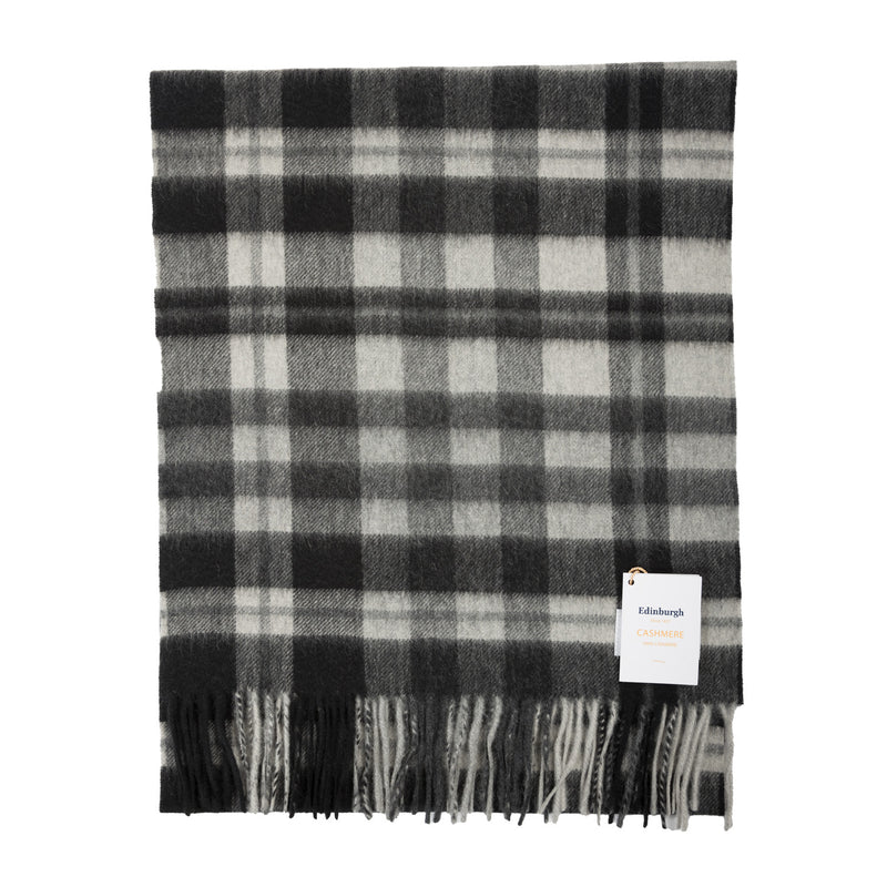 100% Cashmere Wide Tartan Scarf Mile Check - Monochrome - Heritage Of Scotland - Mile Check - Monochrome