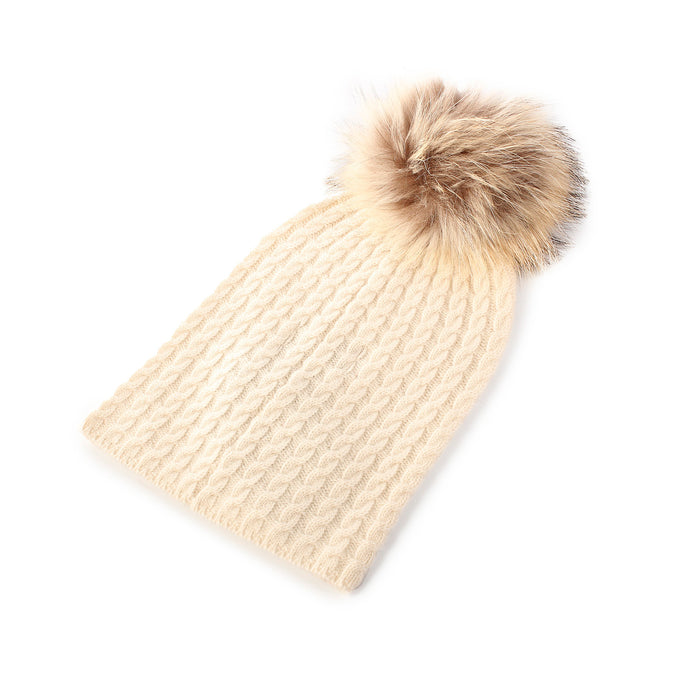Women's Cable Cashmere Pom Pom Hat  Optical White