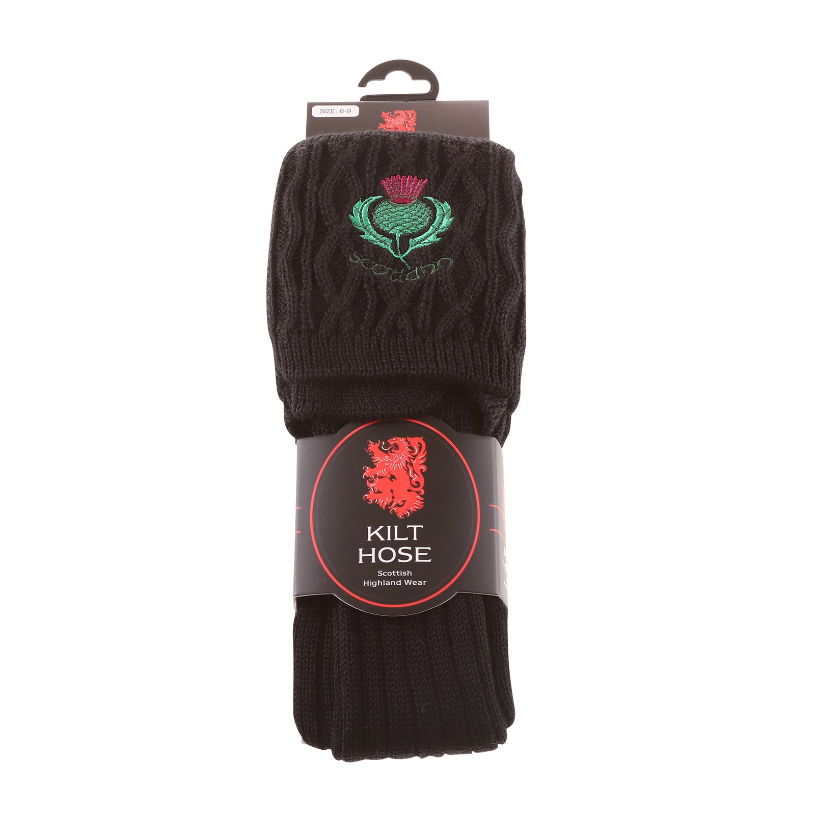 Adults 50% Embroidered Wool Kilt Socks Thistle / Black - Heritage Of Scotland - THISTLE / BLACK