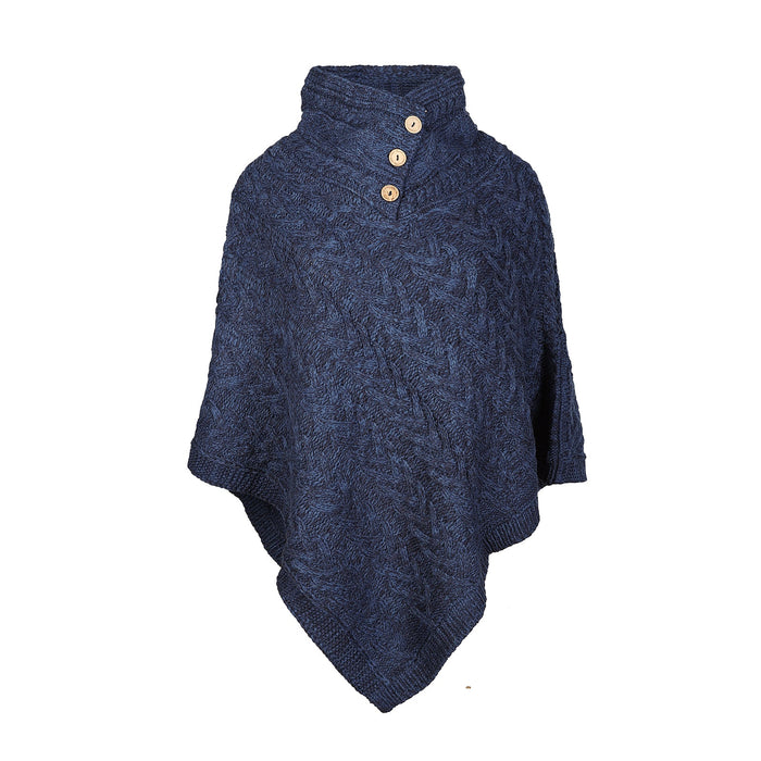 Aran Cable Button Shawl Neck Poncho - Heritage Of Scotland - Navy