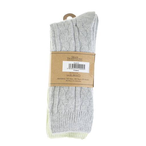 Aran Cable Cashmere Blend 2Pk Socks - Heritage Of Scotland - GREEN/GREY