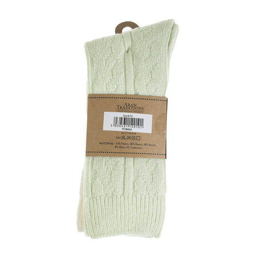 Aran Cable Cashmere Blend 2Pk Socks - Heritage Of Scotland - WHITE/GREEN