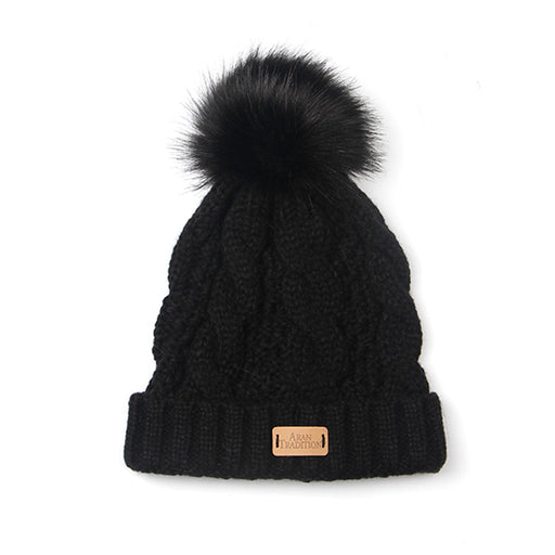 Aran Hat With Faux Fur Bobble - Heritage Of Scotland - BLACK