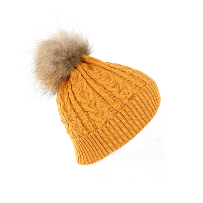 Cable Pom Hat Ft Ochre/Natural - Heritage Of Scotland - OCHRE/NATURAL