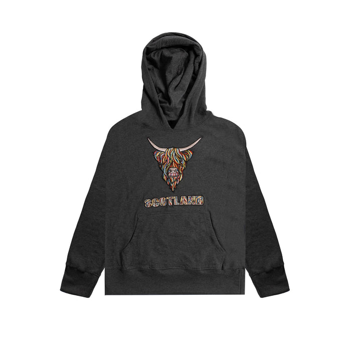 Colourful Highland Cow Embroidered Hood - Heritage Of Scotland - CHARCOAL MARL