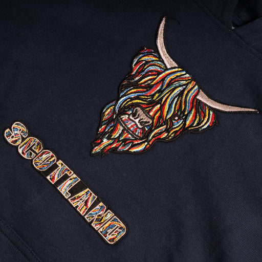Colourful Highland Cow Embroidered Hood - Heritage Of Scotland - NAVY